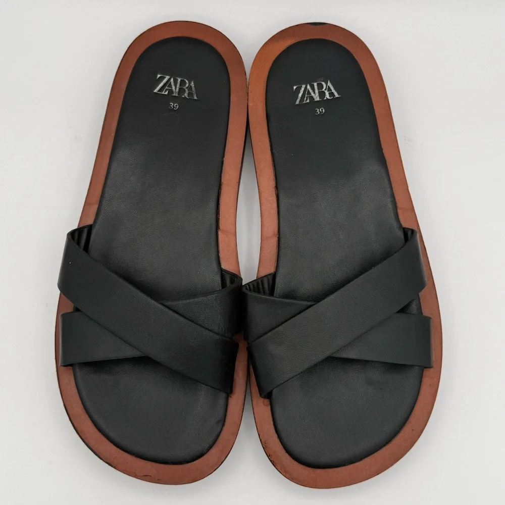 Women’s Zara Black Brown Minimal Flat Slip-On‎ Comfortable Strap Sandals Size 39